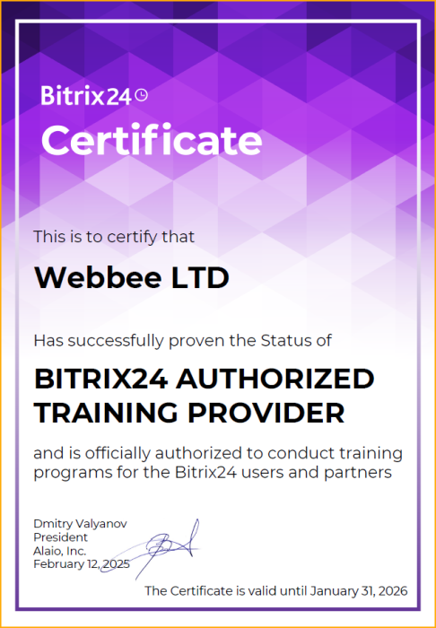 WEBBEE has a status of Bitrix24 AUTHORIZED TRAINING PROVIDER 