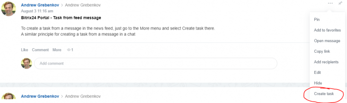 Tasks from messages in a chat or live feed