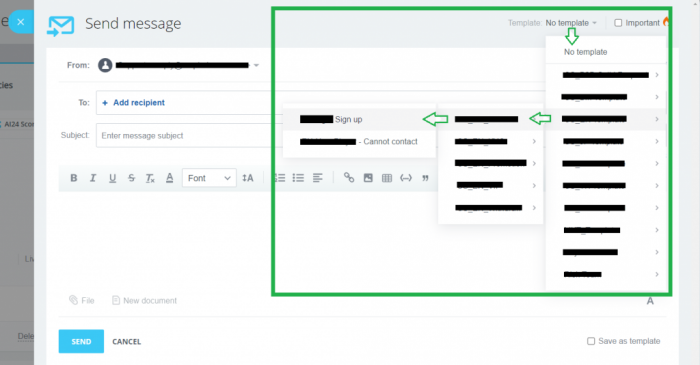 Hierarchical menu for email templates