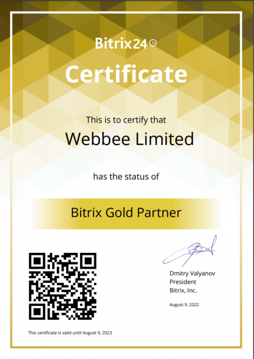 WEBBEE has a status of Bitrix24 GOLD PARTNER